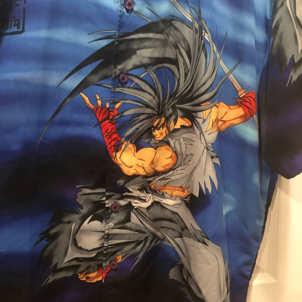 Y2K Vintage Haohmaru Samurai Blue Japanese Anime Button Down Shirt - Picture 4 of 9